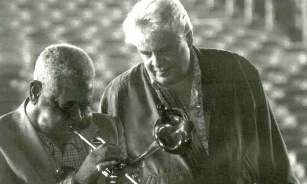Maynard with Dizzy Gillespie during a rehearsal at Pine Knob Amphitheatre in Detroit, summer 1991. The concert featured Maynard, Dizzy Gillespie, Al Hirt and Billy Eckstine. Photo by Fred Timmons.